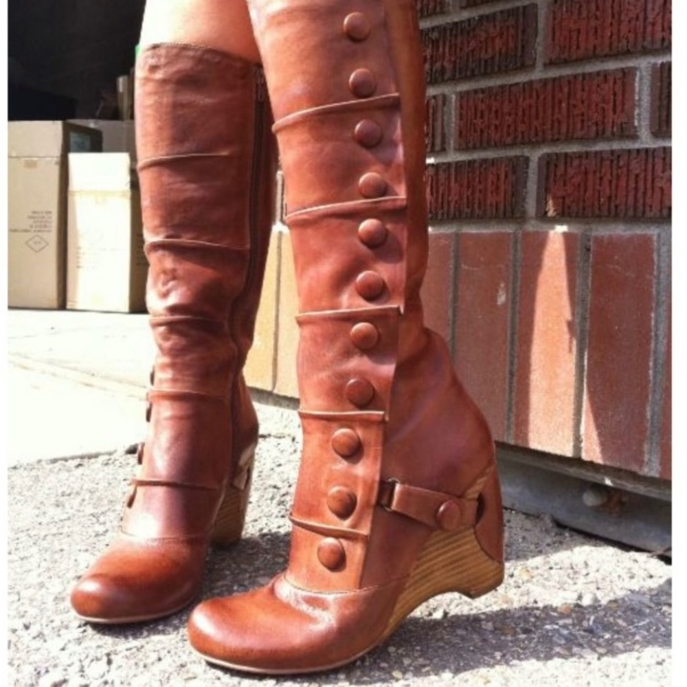 Miz Mooz Siri Leather Button Wedge Heel Style Tall Preppy Granny Boots Sz 8.5